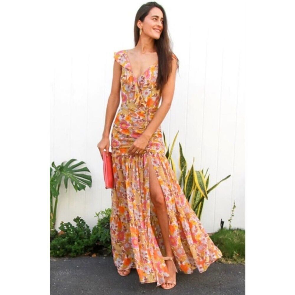 Veronica Beard Alannah Silk Floral Stone Multi Ruched Maxi Dress Size 8